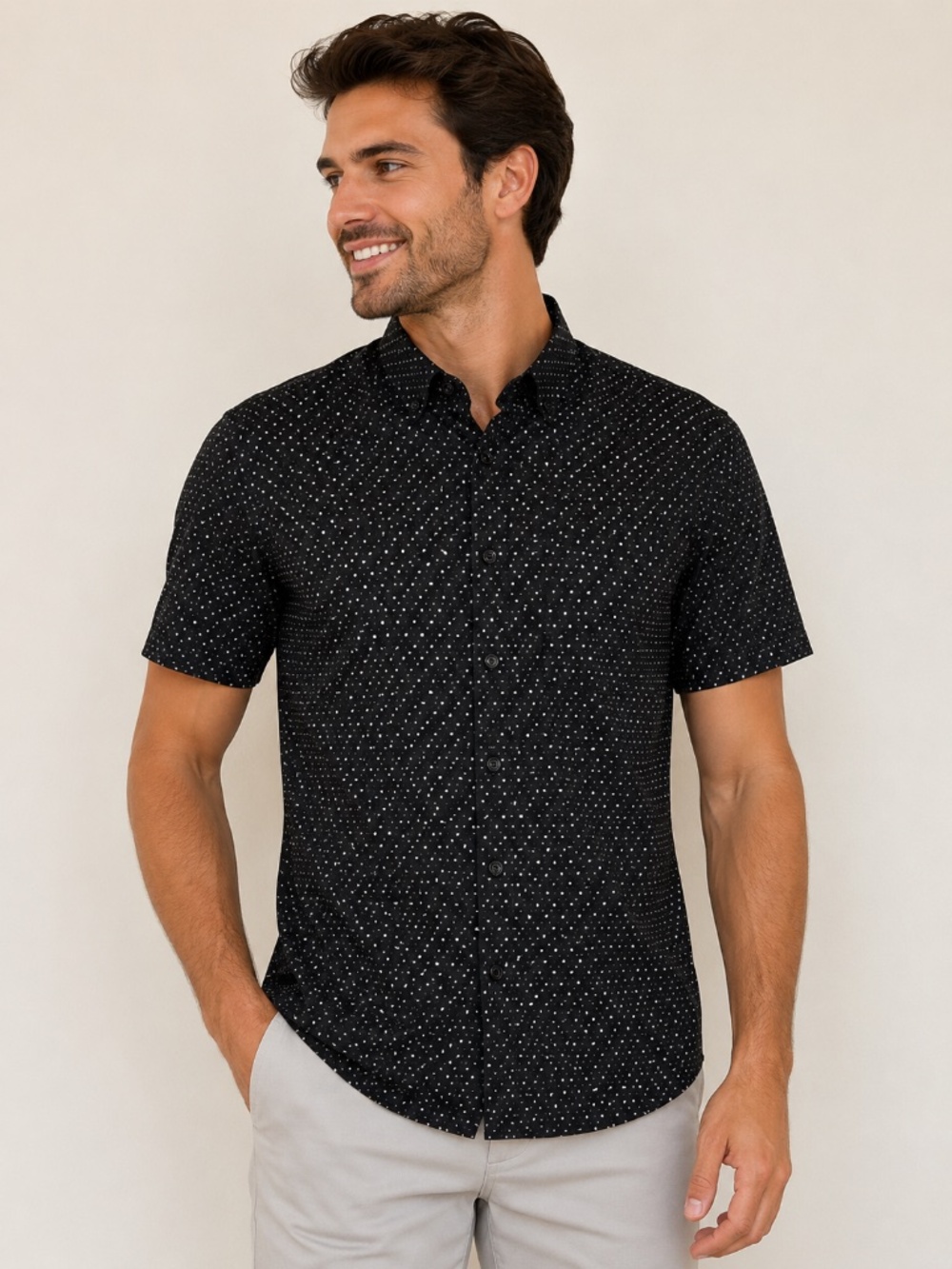 Construct Slim Fit Stretch Button Down Shirt XL Black Polka Dot Short Sleeve